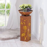 EASYmaxx LED-Dekosäule mit Pflanzschale in Rost-Optik, warmweiß leuchtend mit Pusteblumen-Design für Balkon und Garten.