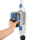 CLEANmaxx Dampfbesen mit Dampfregulierung blau/weiß mit abnehmbarem 350 ml Wassertank und vielseitigem Zubehör gezeigt.