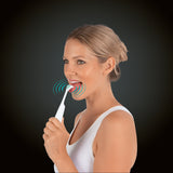 MAXXMEE Zungenreiniger - Dual Frequency Ultraschall-Technologie in weiß/mint zur effektiven Reinigung der Zunge für bessere Mundhygiene.