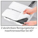 MAXXMEE Akku-Vibrationsmopp mit Sprühfunktion grau mit 2 abnehmbaren, maschinenwaschbaren Reinigungstüchern für einfache Bodenreinigung.
