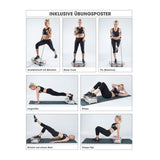 VITALmaxx Vibrationstrainer - Champagner/Grau mit Expanderbändern zeigt verschiedene Übungen für effektives Training und 30 Vibrationsstufen.