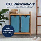 LUMALAND Bambus Wäschekorb mit 2 ausziehbaren Wäschesäcken, wasserabweisend, 73 x 64 x 33 cm, stilvoll und platzsparend in Blau.