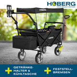 HOBERG faltbarer Bollerwagen mit Dach schwarz, inkl. Getränkehalter, Kühltasche, stabil & mit Feststellbremsen, ideal für Hobby & Freizeit.