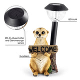EASYmaxx Solarleuchte Erdmännchen mit Laterne und Welcome-Schild, solarbetrieben mit LED-Licht, An-/Ausschalter und Dämmerungssensor.