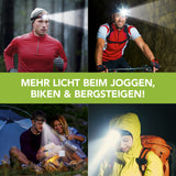 EASYmaxx Stirnlampe - schwarz/rot mit Bewegungssensor, 5 Leucht-Modi und bis zu 150 Lumen, ideal für Joggen, Biken und Bergsteigen.