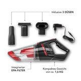 MAXXMEE Akku-Handstaubsauger Nass & Trocken rot/schwarz mit 3 Düsen, integriertem EPA-Filter und kompakt 1,6 kg Gewicht.