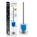 Toilettenbürste mit blauen Silikonborsten und silbernem Griff, abgebildet neben der Verpackungsbox mit LOOmaid-Logo.