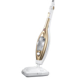 CLEANmaxx Dampfbesen mit Knickgelenk in gold/weiß, abnehmbarer 300 ml Wassertank und Bürstenaufsatz für Haushaltsflächen.