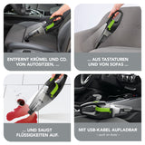 CLEANmaxx Akku-Handstaubsauger mit Autoadapter - grün/grau, beutellos, nass- und trocken, kabellos, mit USB-Ladekabel und LED-Beleuchtung.