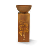 EASYmaxx LED-Dekosäule mit Pflanzschale in Rost-Optik, warmweiß leuchtendes Gingko-Design, dekorative Pflanzschale, kabellos, braun.