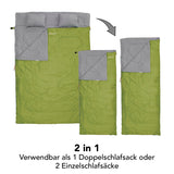 Where Tomorrow Doppelschlafsack mit Tragetasche, 2-Personen Schlafsack in Dunkelgrün, vielseitig als Doppel- oder Einzelschlafsack nutzbar.