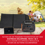 EASYmaxx Powerstation tragbar - 1048Wh schwarz/orange mit Solarpanel, vielseitige Anschlüsse und LED-Lichtmodi für mobiles Laden.