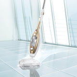 CLEANmaxx Dampfbesen - Mit Knickgelenk - gold/weiß, reinigt effektiv Fliesenboden mit abnehmbarem 300 ml Wassertank und Bürstenaufsatz.