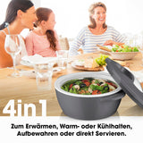 MAXXMEE Thermo-Schüssel Mikrowelle 1400 ml grau/weiß mit Edelstahleinsatz zum Warmhalten, Kühlen und Servieren von Speisen.