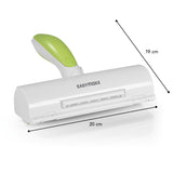 EASYmaxx Fusselroller für Tierhaare - weiß/grün mit Mikrofaserstreifen, LED-Licht und Auffangbehälter für Tierhaare auf Oberflächen.