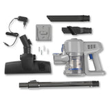 MAXXMEE Akku-Zyklon-Staubsauger hellgrau/blau mit 35 Min. Laufzeit, verstellbarem Teleskoprohr und Zubehör für vielseitige Reinigung.