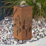 EASYmaxx Solar-Dekosäule Rost-Optik - wetterfeste Solarbeleuchtung aus Metall für Garten und Terrasse, 26 cm hoch, mit dekorativem Blütendesign.