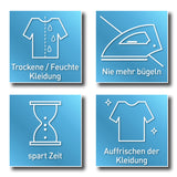 CLEANmaxx Hemdenbügler PRO STEAM + Hosenaufsatz zeigt Funktionen: trocken/feuchte Kleidung, nie mehr bügeln, spart Zeit, Auffrischen der Kleidung.