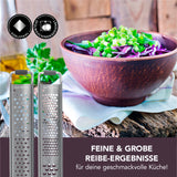 MAXXMEE Zester Reibe 2er-Set aus Edelstahl mit verschiedenen Feinheitsgraden für feine und grobe Reibe-Ergebnisse.