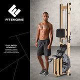 FitEngine klappbares Wasser-Rudergrät 2.0 - Brown aus Eschenholz, kompakt, stabil und kompatibel mit Kinomap für Home-Gym.