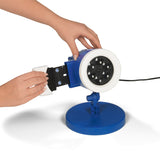 S04 LED-Motivstrahler 7,5W blau/weiß mit Logo, wetterbeständig, rotierende Projektion, aufstellbar mit Indoor-Sockel oder Erdspieß.