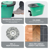 CLEANmaxx Power-Wischmopp 8 Liter türkis/grau mit Fußpedal, XXL-Eimer, 2 Mopp-Aufsätzen, ideal für Laminat, Parkett und Fliesen.