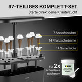 N8WERK Hydroponische Pflanzenanzuchtstation mit Display zeigt 37-teiliges Komplett-Set mit Anzuchthauben, Pflanzschwämmen und Samentöpfen.