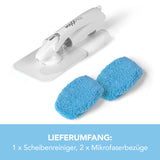 MAXXMEE Scheiben- & Flächenreiniger Weiß/Blau mit Sprühfunktion und 2 Mikrofasertüchern für einfache Reinigung glatter Flächen und Autofenster.