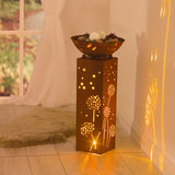 EASYmaxx LED-Dekosäule mit Pflanzschale in Rost-Optik leuchtet warmweiß mit Pusteblumen-Design, kabellos, für Garten und Terrasse.