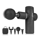 MAXXMEE Mini Massage Gun Pro schwarz mit 6 Leistungsstufen, 4 Aufsätzen und Soft-Grip für effektive Muskelregeneration.