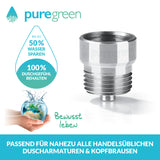 puregreen Wassersparer für die Dusche chromfarben, spart bis zu 50 % Wasser, einfache Montage, passend für handelsübliche Duscharmaturen und Kopfbrausen.