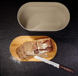 LUMALAND Cuisine Brotkasten Brotdose Brotbox Metall mit Bambus Deckel, oval 36x20x13,8 cm in Grau, mit Schneidebrett und Brotmesser.