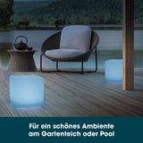 EASYmaxx Solar-Leuchte Dekowürfel - weiß, moderner Solar-LED-Würfel mit Farbwechsel und Fernbedienung für Garten und Poolbereich.