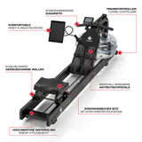 FitEngine Wasser-Rudergerät Smart | schwarz mit Wasserwiderstand, ergonomischem Sitz, Antirutschpedalen und Tablet-Halterung fürs Home-Gym Training.