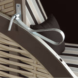 Hoberg 2-Sitzer-Strandkorb mit Bullaugen aus Hartholz und verstellbarem Metallbügel für Neigungswinkel.