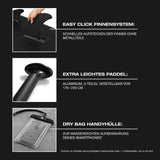 FitEngine Trip SUP-Board Set mit Easy Click Finnensystem, leichtem Aluminium-Paddel und wasserdichter Handyschutzhülle.