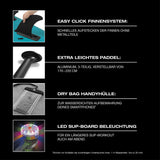 FitEngine Junior Trip SUP-Board Set (Allrounder) mit Easy Click Finne, leichtem Paddel, wasserdichter Handytasche und LED-Board-Beleuchtung.