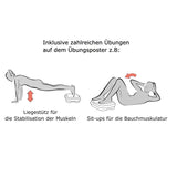 syltfit Vibrationstrainer Kompakt - 4-tlg. - koralle zeigt Übungen wie Liegestütz und Sit-ups für Muskelstabilisation und Bauchmuskulatur.