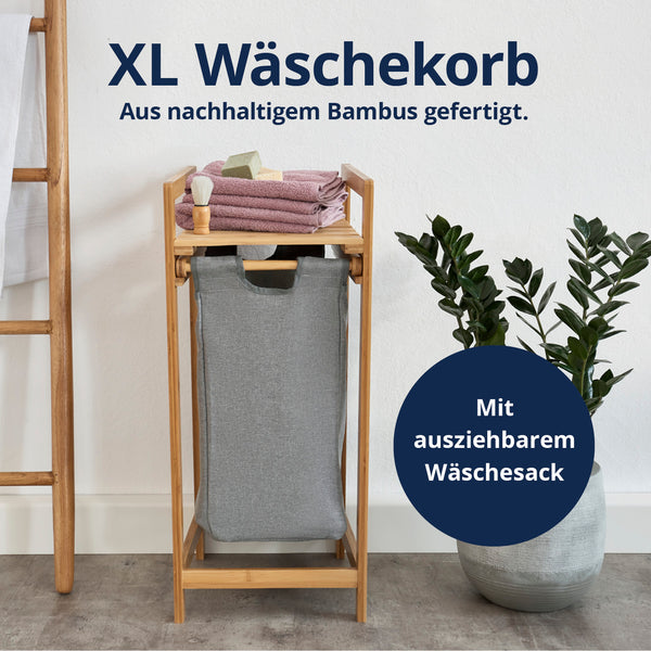 LUMALAND Bambus Wäschekorb mit ausziehbarem Wäschesack - 33 x 33 x 73 cm - Dunkelgrau