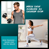 Mann und Frau trainieren mit #DoYourFitness verstellbare Multifunktionshantel, Kettlebell, Kurz- & Langhantel Zuhause flexibel und effektiv.