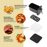 GOURMETmaxx 4-in-1-Heißluftfritteuse mit beschichtetem Frittierkorb, Crispy-Frittierblech, Backgitter und Backblech in Schwarz/Edelstahl.