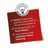 CLEANmaxx Akku-Zyklon-Staubsauger Pro mit automatischer Saugkraftanpassung, Touch-Display und praktischer Wandhalterung in weiß/rot.