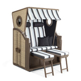 Hoberg 2-Sitzer-Strandkorb mit Bullaugen, aus robustem Hartholz und PE-Geflecht, mit verstellbaren Neigungswinkeln und Fußbänken.