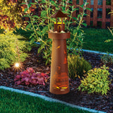 Hoberg LED Deko-Leuchtturm in Rost-Optik mit maritimem Design, LED-Beleuchtung und bepflanzbarer Plattform für Garten und Terrasse.