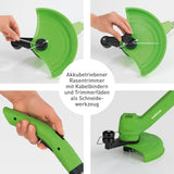 GARVIDA Akku-Rasentrimmer mit Kabelbindern und Trimmerfäden, höhenverstellbar, mit Schutzblende und komfortabler Kantenführung.