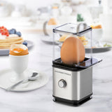 GOURMETmaxx Eierkocher für 1 Ei in Silber/Schwarz, kompakt, energiesparend mit integriertem Ei-Pick für perfekte Frühstückseier.