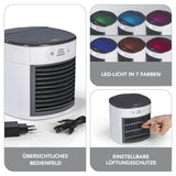 MAXXMEE Luftkühler Kompakt weiß/grau mit 3 Leistungsstufen, LED-Licht in 7 Farben, einstellbaren Lüftungsschlitzen und übersichtlichem Bedienfeld.