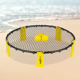 MAXXMEE Mini-Volleyball-Spiel Spike Ball Set - 6-tlg. in Gelb/Schwarz mit Netz und 3 Bällen am Strand.