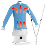 CLEANmaxx Hemdenbügler PRO STEAM + Hosenaufsatz zeigt Trocknen, Bügeln und Auffrischen von Hemden in Weiß.