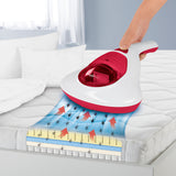 MAXXMEE Akku-Milben-Handstaubsauger mit UV-C Licht in weiß/rot zur effektiven Milbenentfernung und Oberflächendesinfektion ohne Chemie.